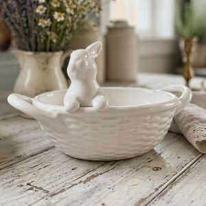 Crofton White Ceramic Bunny Rabbit Basket Weave Candy Dish Easter Decor Bowl